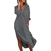 utcoco Womens Casual Loose Cotton Linen Long Shirt Dress Lapel Button Cuffed Sleeve Side Split Dresses with Pockets