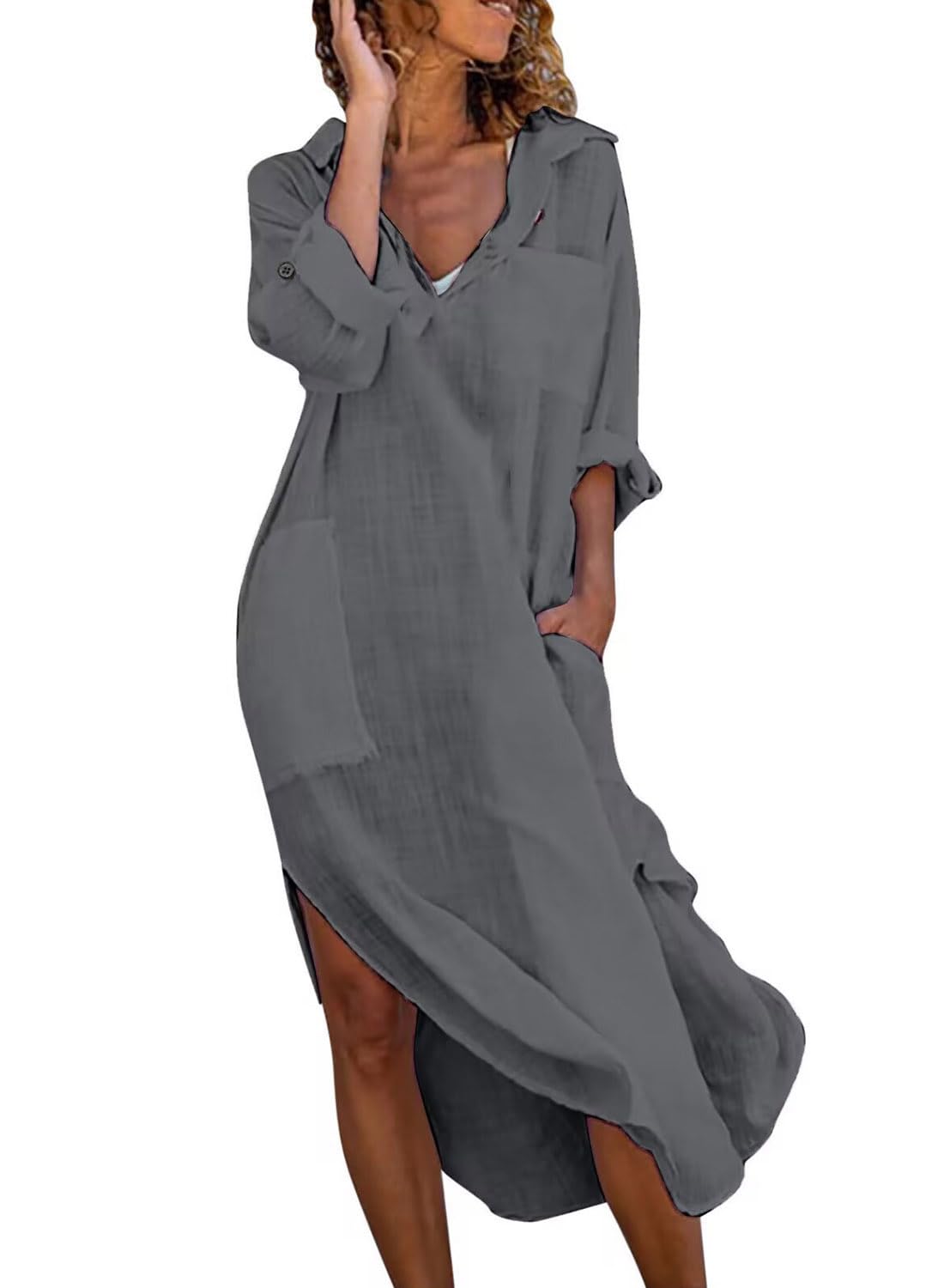 Photo 1 of utcoco Womens Casual Loose Cotton Linen Long Shirt Dress Lapel Button Cuffed Sleeve Side Split Dresses with Pockets (XX-Large, Dark Grey)