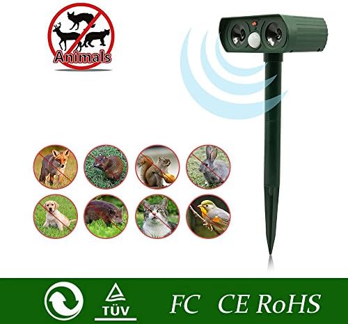 Ultrasonic Animal Repeller, Solar Powered Pest Repeller, Waterproof Outdoor Repellent with Motion Activated PIR Sensor, Repel Dogs, Cats, Squirrels, Bird, Mice and more for Yard, Lawn, Garden