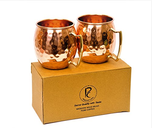 Moscow Mule Handcrafted Hammered Pure Copper Mugs / Cup, 100% Pure Copper with Brass Handle, 16 Ounce, Set of 2, Barrel Mugs (Set of 2 ), Food Safe Pure Solid Copper Mugs, Gift Set, Drinking Mug