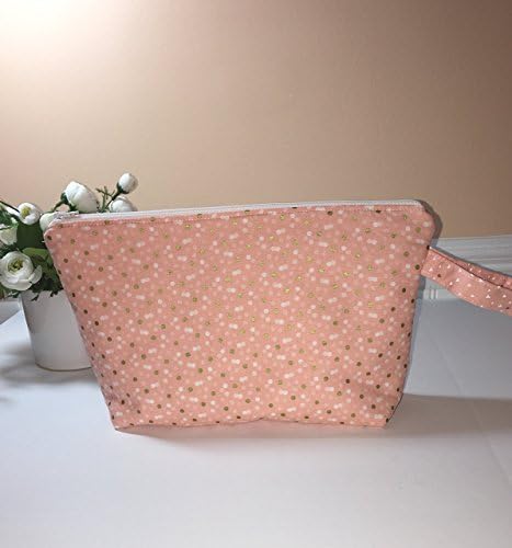 Large Size Peach Polkadot Wristlet Zipper Pouch, Cosmetic Bag, Travel Pouch #4