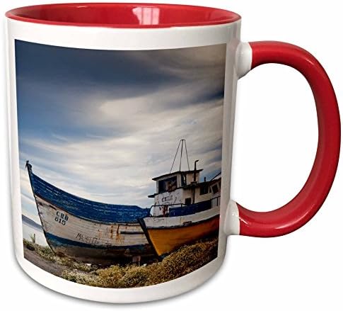 3dRose Danita Delimont - Boats - Chile, Magallanes Region, fishing boats in Seno Ultima Esperanza bay. - 15oz Two-Tone Red Mug (mug_205663_10)