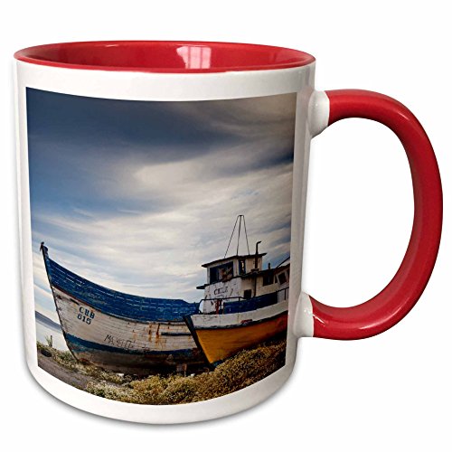 3dRose Danita Delimont - Boats - Chile, Magallanes Region, fishing boats in Seno Ultima Esperanza bay. - 15oz Two-Tone Red Mug (mug_205663_10)