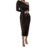 Women Sexy Mesh Maxi Dress Off Shoulder Long Sleeve Bodycon Ruched y2k Club Party Concert Night Rave Outfits