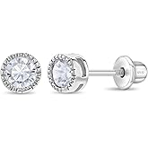 925 Sterling Silver Beautiful 5mm Round Bezel- Set Cubic Zirconia Stud Earrings for Girls with Locking Screw Backs Excellent for Babies, Toddlers, and Kids for all Occasions
