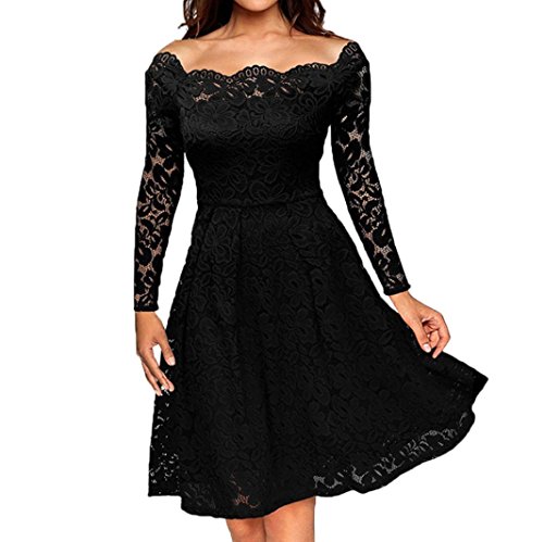 Tsmile Women Dress Casual Vintage Off Shoulder Lace Formal Evening Party Dress Spring Summer Long Sleeve Dress (Black, 2XL)