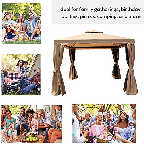 3 x 3 Meter Metall-Pavillon Garten 2-stufige Dachzelt Party Zelt Baldachin Pavillion Patio Shelter mit Netz,Beige – Bild 8