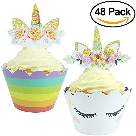 48-Pack Original Unicorn Cupcake Toppers and Double Sided Wrappers, Unicorn cake decorations, Perfect for Unicorn Birthdays parties