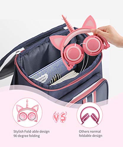 Unicorn Kids Headphones with Microphone, Over-Ear Cat Headphones Wired for Girls Boys Adjustable Foldable 85dB Volume Limited Headset School Travel (Peach)