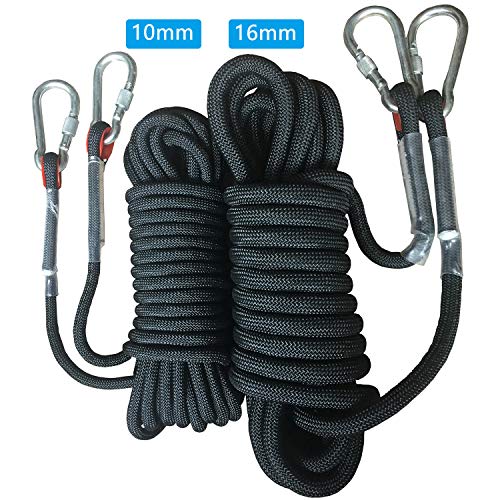 GINEE Outdoor Rock Climbing Rope 32Ft,Black Static 10mm Rope Two Hooks for Safety Rescue Rappelling,Tree Climbing Gear Spikes Harness - Thumbnail 4