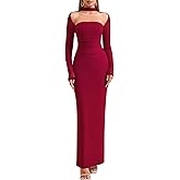 HTZMO Women Long Sleeve Bodycon Maxi Dress Halter Neck Ruched Elegant Wedding Guest Formal Long Dresses