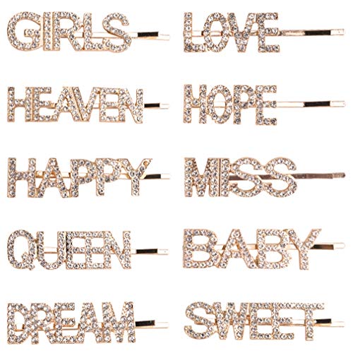 10PCS Word Hair Clip Letter Bobby Pins Sparkly Gold Barrettes Bling Handmade Luxury Crystal Hair Jewellery Headwear Accessories for Women Girls