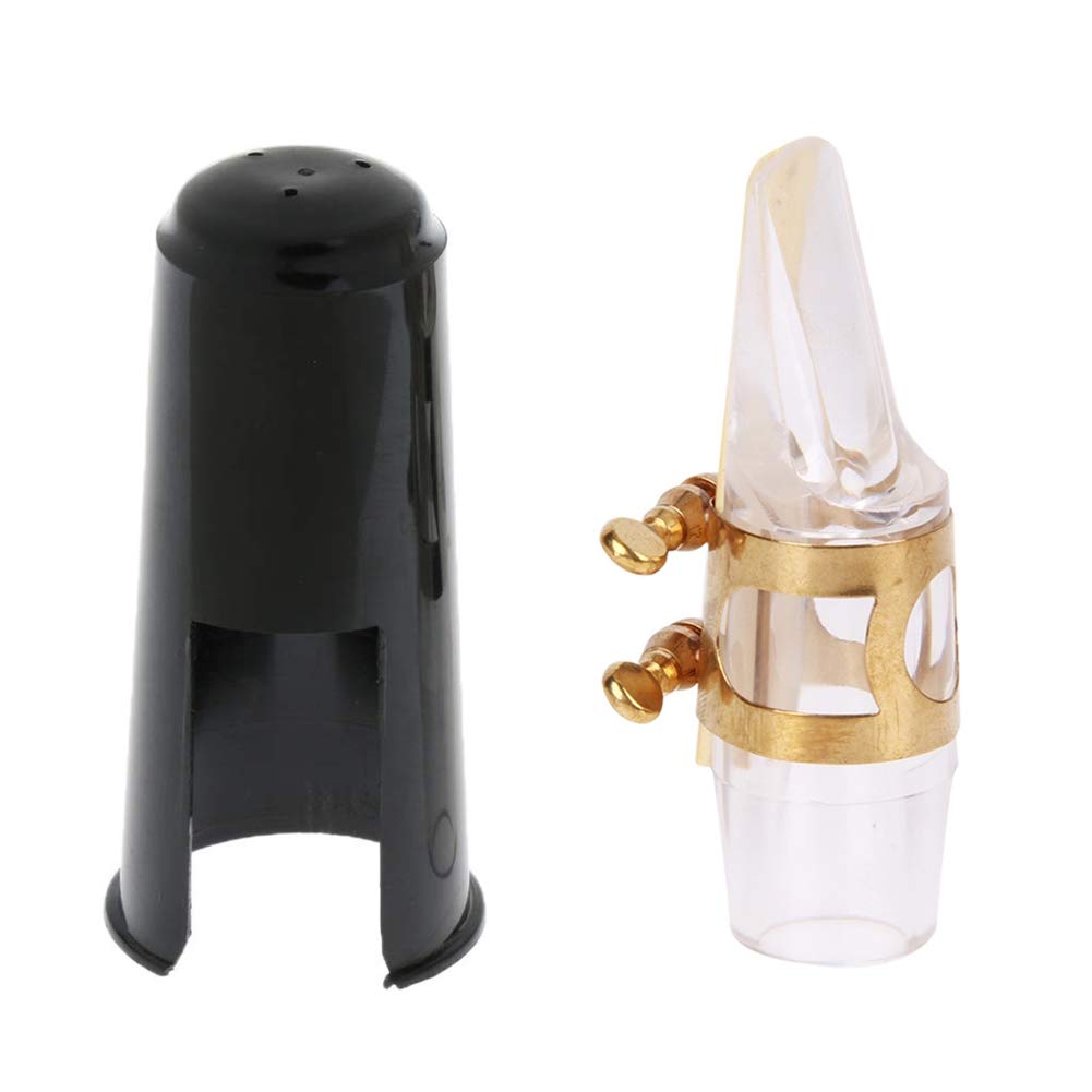 Alnicov Alto Sax Saxophone Transparent Mouthpiece with One Reed Golden Plated Ligature and Plastic Cap