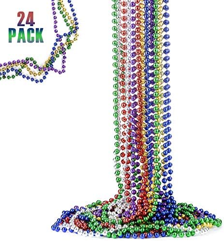 FAVONIRColorful Assorted Beaded Necklace 24 Pack Of Metallic Round Mardi Gras Costume Necklace Accessory 33 Inch 7 mm– For Events And Party Favor Novelty