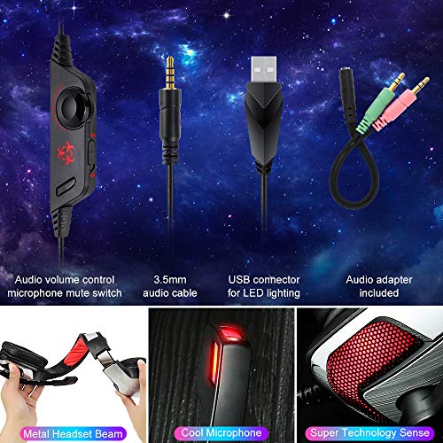Goigrn Cascos Gaming para PS4 Xbox One, Cascos con Microfono Cancelacion de Ruido, Diadema Ajustable, Controladores de 50mm y Luz LED, Auriculares Gaming Stereo para PC/Tableta/Mac