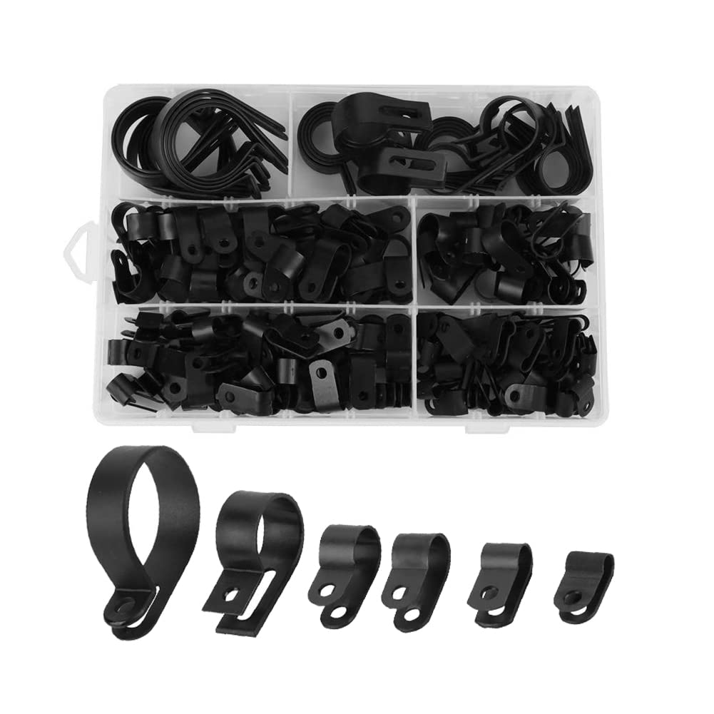 p clips + R-Type Cable Clamp Clips, Fydun 200pcs Nylon Plastic P Fasteners Clips Clamps Assorted Box for Cable Conduit Kit Fasteners Assortment for Cable Conduit(Black)