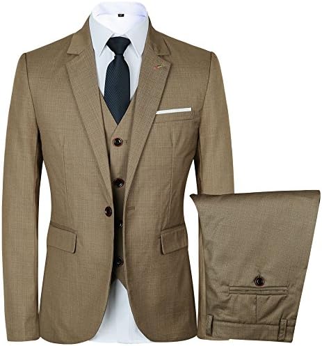 Men’s 3 Piece Suit One Button Single-Breasted Notch-Lapel Slim Fit Tux (XXL, Khaki)