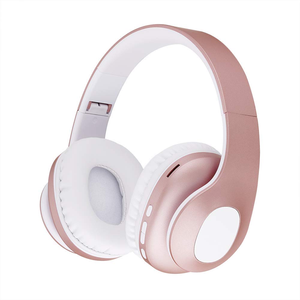 KEEDA Bluetooth Headphones Over Ear, Foldable Stereo Headset w/Built-in Mic Soft Earmuffs, Wireless and Wired Headset for PC/Cell Phones/TV, Rose Gold