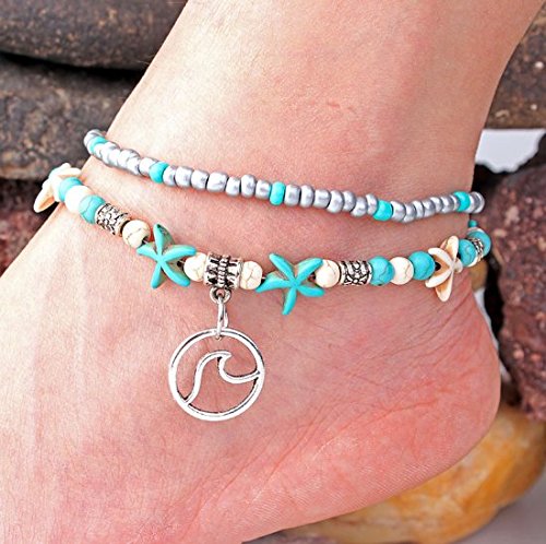 Anklet Dainty Beach Jewelry for Girls Multi-layer Charm Beads Boho Foot Starfish Turtle Gold Chain Bracelet for Women
