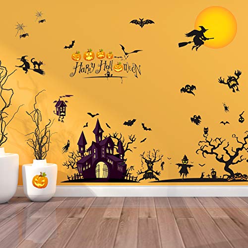 JVIGUE Happy Halloween Wall Decals Pumpkins Spooky Cemetery Witch and Bats Tomb Wall Stickers for Halloween Decoration