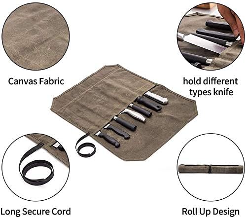 QCWN Waxed Canvas Chef Knife Roll Bag Heavy Duty Storage Knife Cutlery Tool Case with 7 Slots Wrapping Strap (Khaki) - Image 3