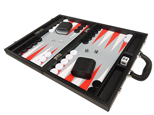 16-inch Premium Backgammon Set - Medium Size - Black Board, White and Scarlet Red Points