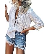Elapsy Womens V Neck Lace Crochet Shirts Bell Sleeve Button Down Casual Tunic Blouses Tops