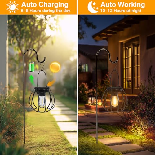 Dehobo Outdoor Solar Lanterns – Pot Shape Solar Lamp IP65 Waterproof 2 Pieces – Metal Solar Lights Outdoor Garden Vintage Hanging for Garden, Balcony, Camping and Decoration, Halloween