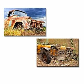 Canvas Prints Wall Art - Picturesque Rural Landscape with Old Fashioned Car| Modern Home Deoration/Wall Art Giclee Printing Wrapped Canvas Art Ready to Hang - 16"x24" x 2 Panels