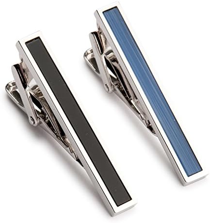 Two Tone Textured Black Blue Tie Clip Set in Gift Box - Bars for Skinny Ties - Classic Fashionable Necktie Pins for Business Professional - Mens Wedding Christmas Present - 2pcs Luxury Pinch Clasps