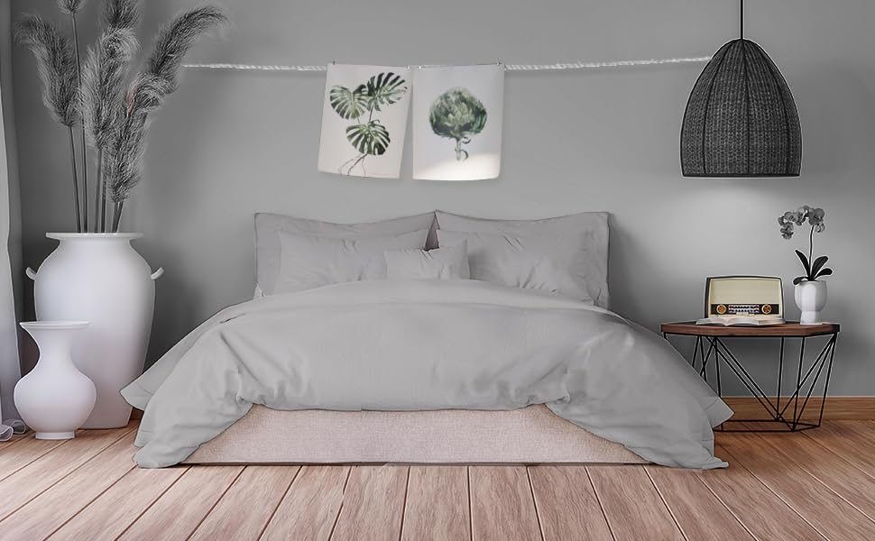 Homesty Double Bed Duvet Cover Set 3 Pieces Light Grey - Bed Linen 155 x 220 cm + 2 Pillowcases 80 x 80 cm, Soft and Breathable 100% Cotton