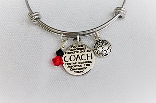 Soccer Coach Adjustable Stainless Steel Bangle Bracelet With Silver Soccer Charm and Swarovski Crystal Team Colors Gift for Coach