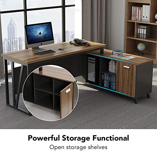 Tribesigns Large L-Shaped Desk, Executive Office Desk Computer Table Workstation with Storage, Business Furniture with File Cabinet, Dark Walnut + Stainless Steel Legs - Thumbnail 3