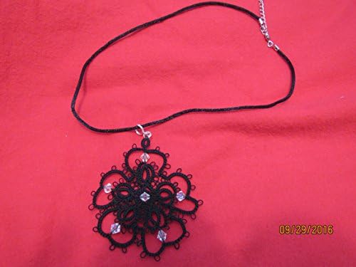 Tatted Pendent Necklace Black Lace with Crystal 6 mm Bicone beads