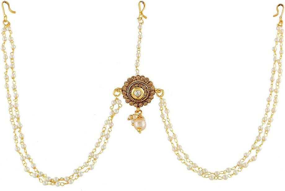 Anuradha Art Jewellery Golden Colour Designer Studded with Stone and Wonderful Pearls Droplet Traditional Borla Mang Tikka/Matha Patti for Women/Girls