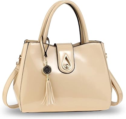 beige patent handbag