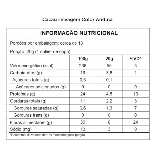 Cacau Selvagem 100% puro Color Andina 200g-2 pacotes