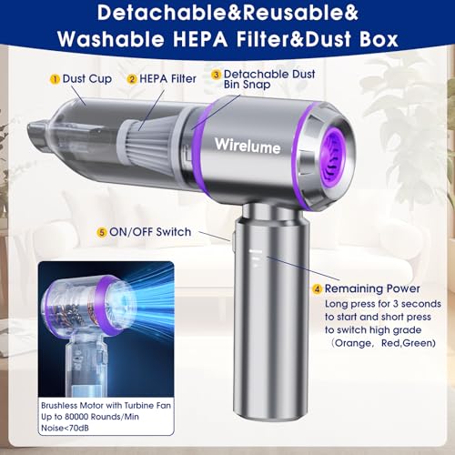 Wirelume Handheld Car Vacuum Cleaner Cordless Powerful 22000Pa Strong Cyclonic Suction Blowing Brushless Motor Mini Hand Held Portable Rechargeable Lightweight for Pet Hair Vehicle Home Office Purple