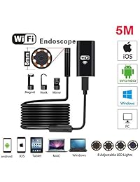 Endoscopio inalámbrico, 1280 x 720 HD WiFi Borescope, 16.4 ft semirrígido cable cámara de serpiente con 8 luces LED ajustables, IP67 cámara de inspección impermeable, compatible con Android y iOS Smartphones, Windows y MacBook