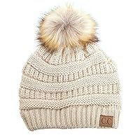 Plum Feathers Soft Stretch Cable Knit Ribbed Faux Fur Pom Pom Beanie Hat (Beige)