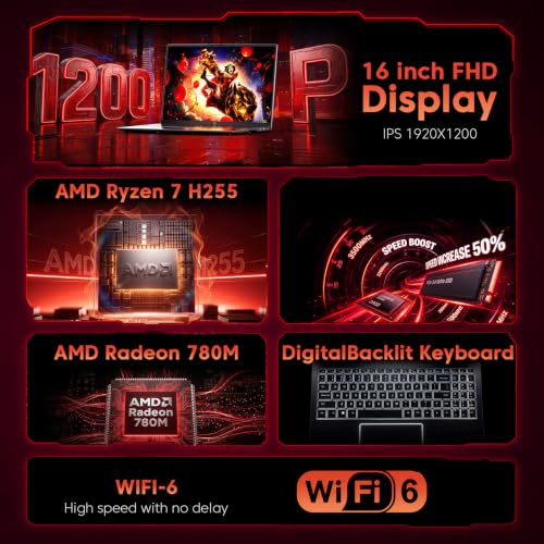 Gaming Laptop with AMD Ryzen 7 H255 (up to 4.9GHz),24GB DDR5 512GB NVMe SSD | 16 inch Laptop with AMD Radeon 780M,Backlit KB,Windows 11,1920x1200 FHD,WiFi 6,Full Function Type-C,Beat R9 6900HX