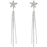 Silver Rhinestone Long Star Tassel Drop Dangle Earrings,Women`s Sequins Tassel Earrings Star Ear Stud Waterfall Beaded Fringe Dangling Earring