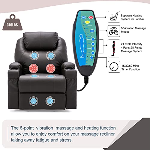 Oyerol Power Lift Recliner Chair with Heat and Vibration Massage for Elderly, Leather Electric Recliner Lift Chair for Living Room with USB Port, Cup Holders and 4 Pockets-Brown