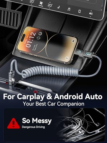 Haiteron 240W Coiled USB C Cable for Car,4 in 1 Charging Cable Fast Charging USB C to USB C Cable with LED Display Combo USB A/C to C/L for iPhone 16/15, iPad, MacBook,Tablets,6FT