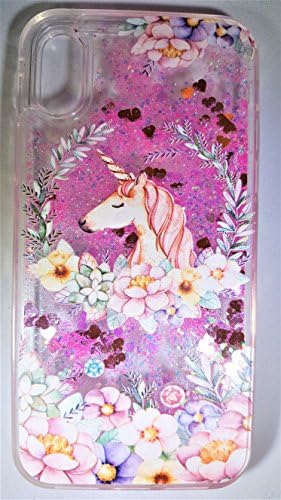 iPhone X Case by FOLE, iPhone 10 Case, Shock Absorbing, Liquid Case, Clear Vintage Unicorn &amp; Rose With Flowing Luxury Bling Glitter Sparkle Liquid Floating, TPU Bumper Design, Protective