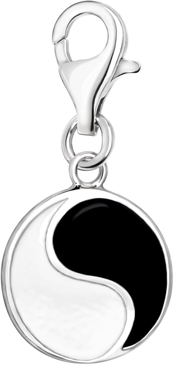 Quiges 925 Sterling Silver Black and White Enamel Yin Yang Coin Lobster Clasp Charm Clip on Pendant, Black & White
