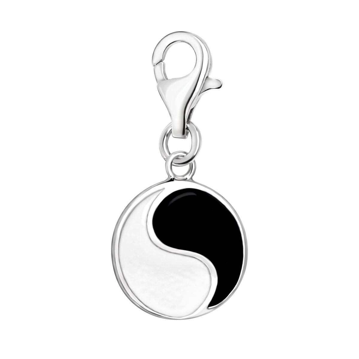 Quiges 925 Sterling Silver Black and White Enamel Yin Yang Coin Lobster Clasp Charm Clip on Pendant