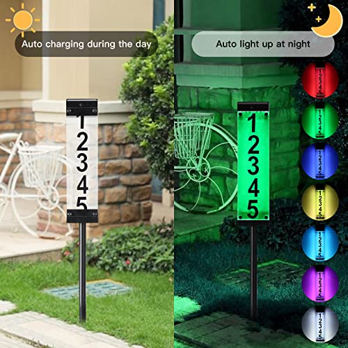 Solar Address Sign, MEIHONG 2 in 1 RGBW Address Plaque with Stakes Solar Powered House Numbers for Outside, Lighted House Numbers LED Waterproof Solar Address Numbers for Home Yard Street