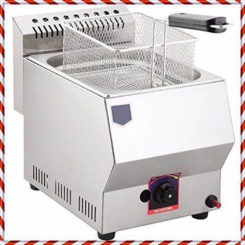 Click Here to See More Images W:12.6'', L:22.44'', h: 15.75'' PROPANE GAS Commercial industrial Kitchen Restaurant Catering 8 LT. CAPACITY Stainless Steel Tabletop Countertop Propan Gas Deep Fryer with Basket and Lid INCLUDED