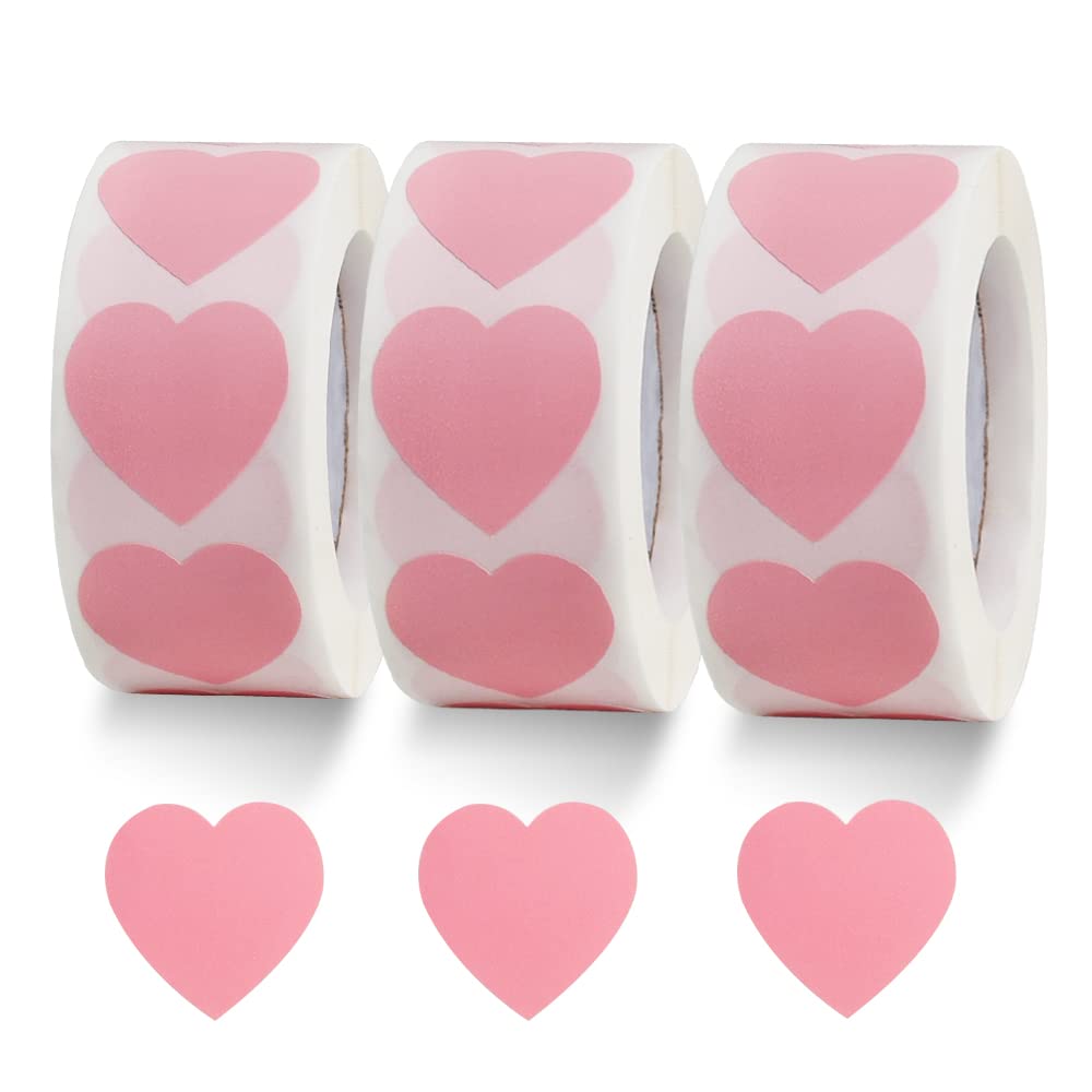 1500 Labels Pink Heart Stickers 1 inch Heart Coding Shape Paper Labels for Valentine's Day Wedding Anniversaries Invitation Envelopes Cute Decals for Water Bottle Packaging(3 Pcs/500 Per Roll)